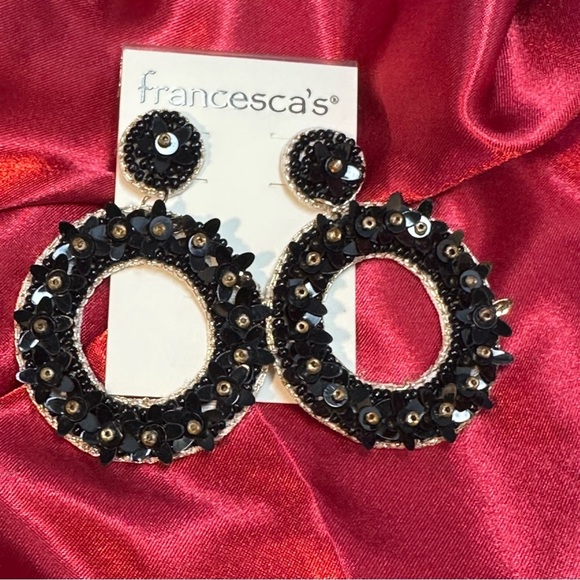Francesca’s Black Sequin Floral Beaded Statement Earrings NWT - Picture 5 of 10